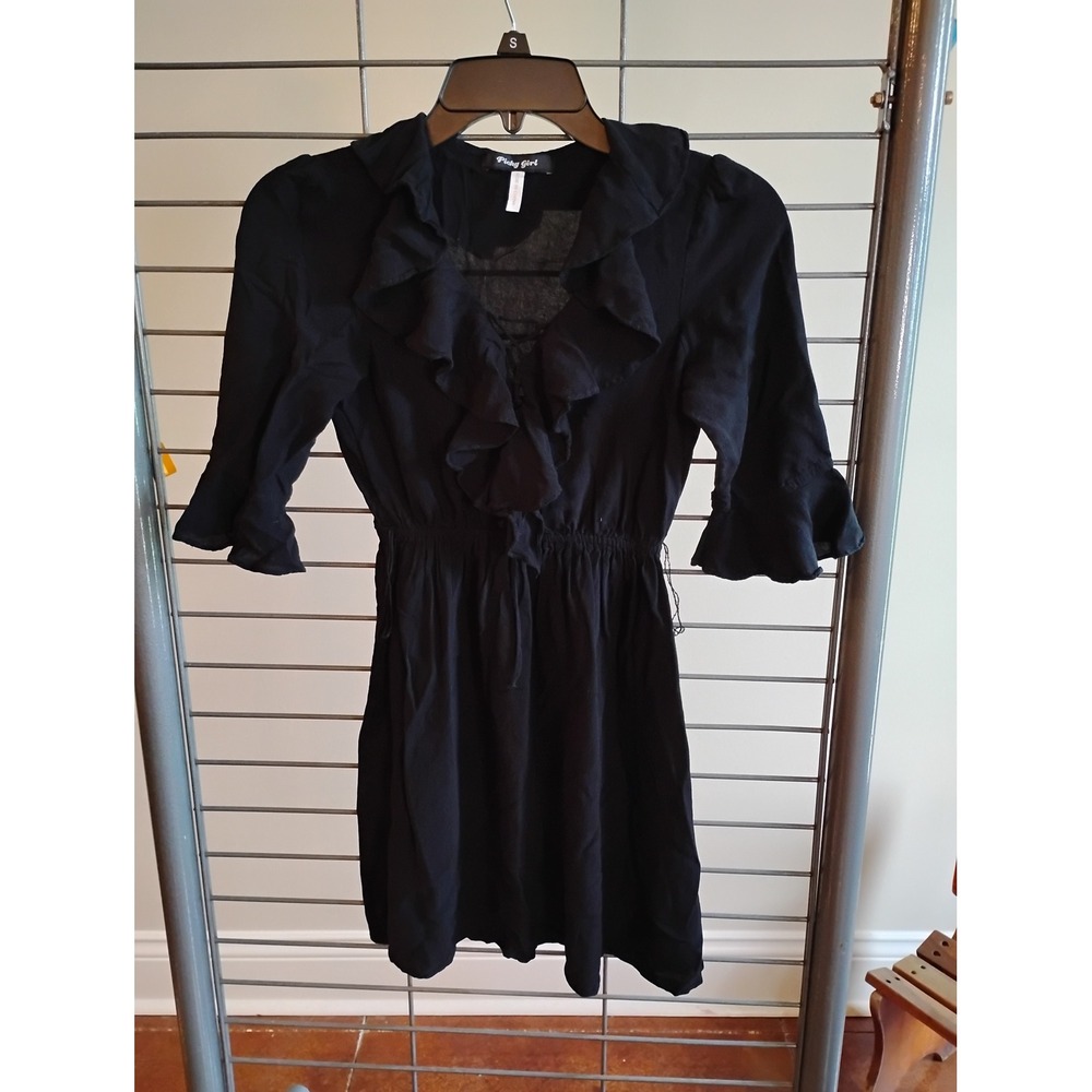 Picky Girl Black Ruffle V-Neck Mini Dress Bell Sleeve Elastic Waist NVD600‎ M